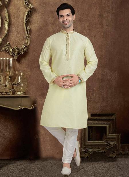 Lemon Colour Traditional Wear Jacquard silk Kurta Pajama Mens Collection 1221